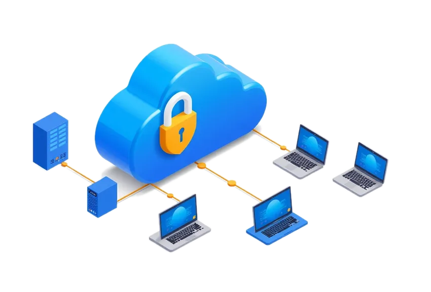 Illustration of cloud security protecting connected servers and laptops