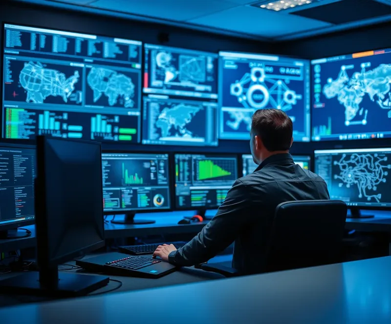 Security analyst monitoring dashboards in a security operations centre