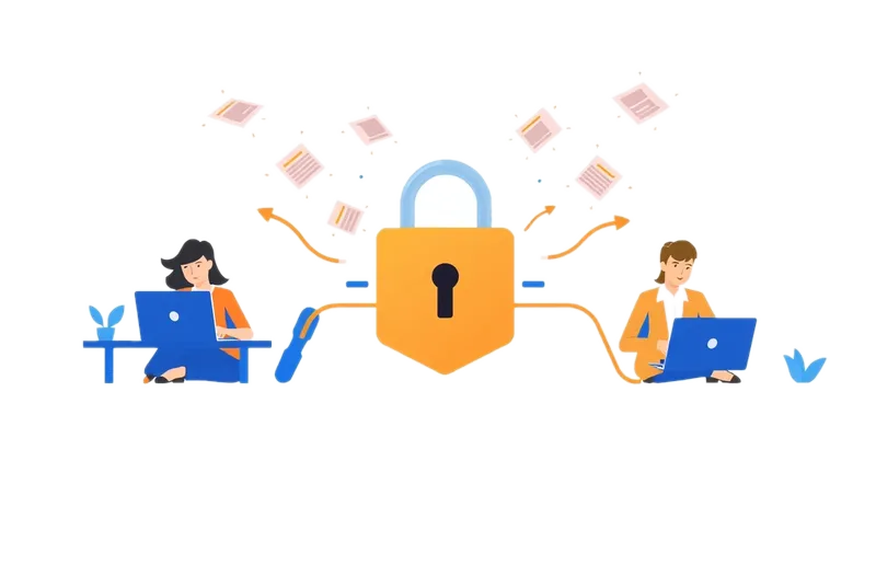 Illustration of a padlock shield protecting company data