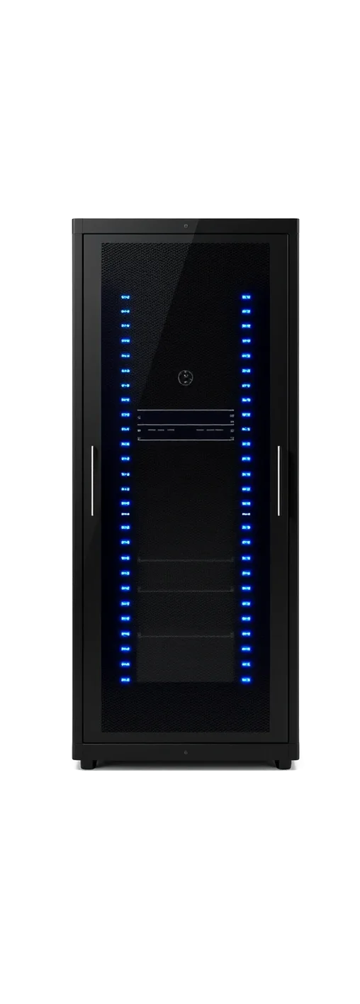Server rack cabinet with blue status lights