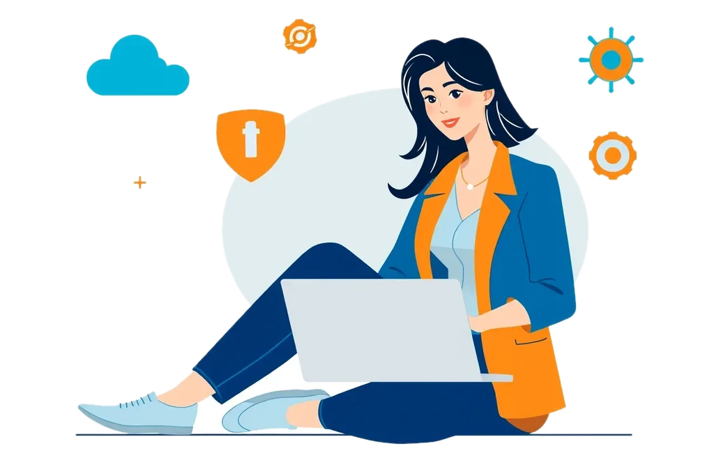 Illustration of an IT professional working on a laptop surrounded by cloud, security and network icons