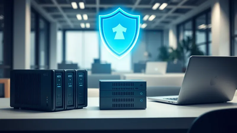 Backup drives and storage device beside a laptop