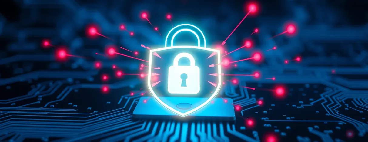 Digital security shield with padlock over a circuit board