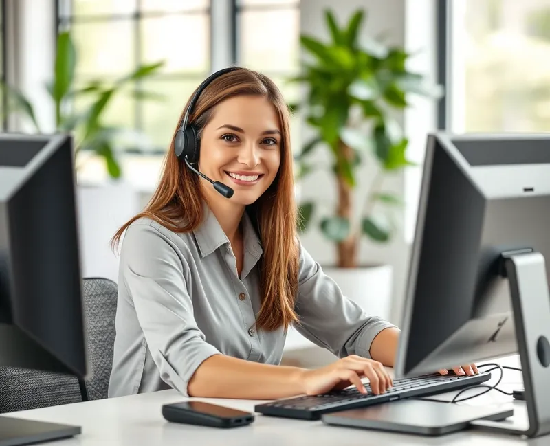 IT help desk support technician with a headset at a computer