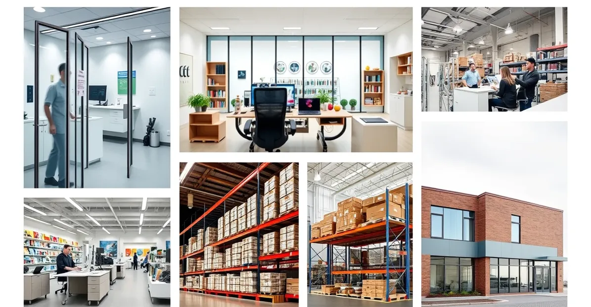 Collage of business settings: clinic, offices, retail and warehouse