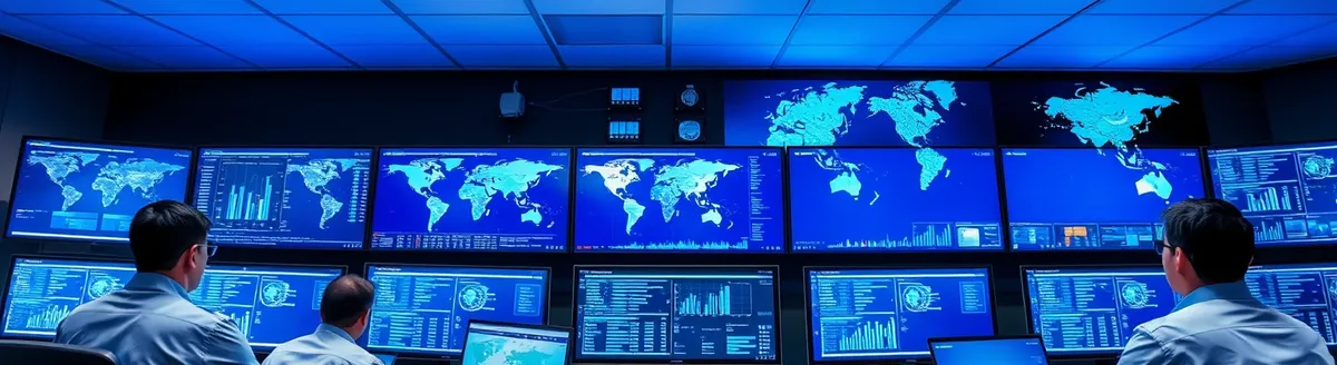 Network operations centre with technicians monitoring screens