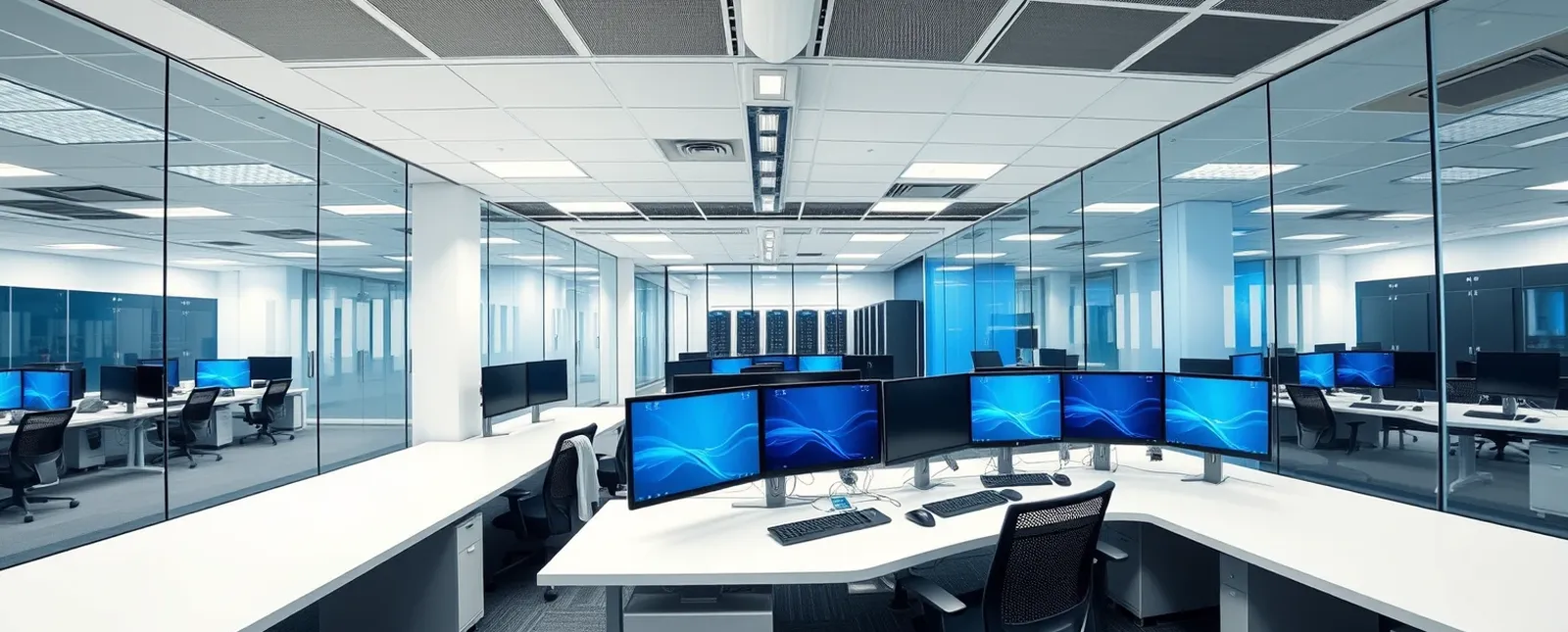 Modern managed IT services office with workstations and a server room
