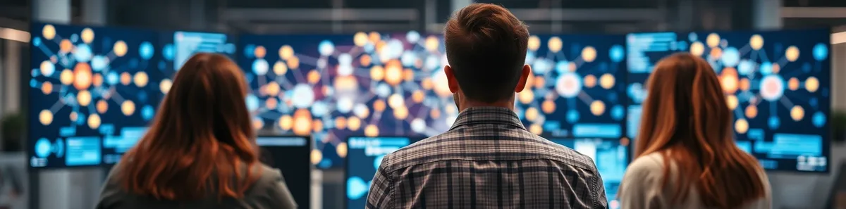 IT team collaborating in front of large screens with network diagrams