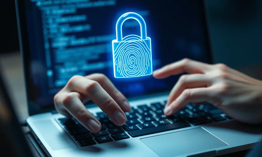Hands on a laptop with a fingerprint and padlock authentication symbol
