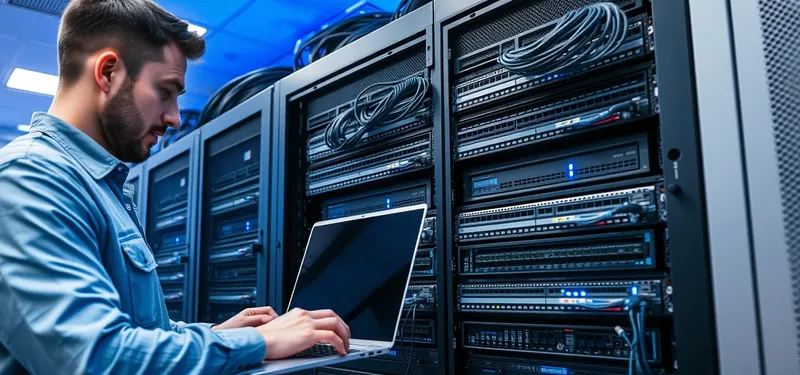 Network engineer configuring a switch in a server room